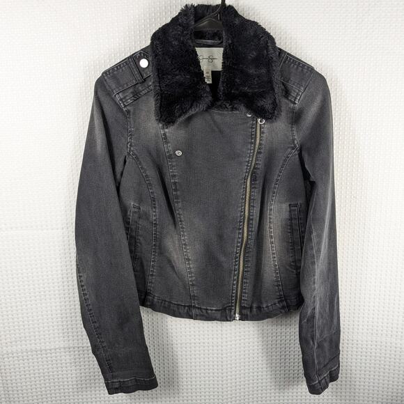 Jessica Simpson XS Black Faux Fur Collar Denim Moto Jacket Women’s Y2K Style - Picture 1 of 5